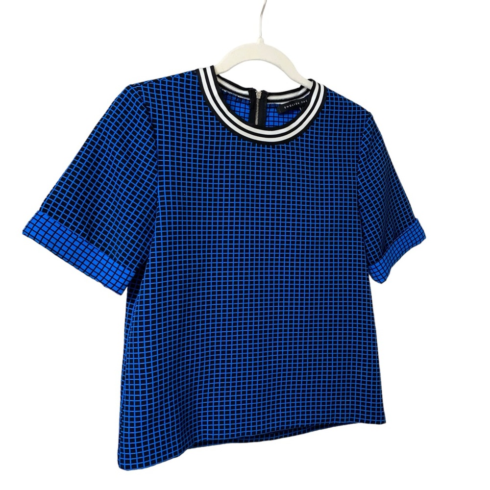 English Factory blue black thick structured checkered print boxy Top size small - Picture 6 of 12
